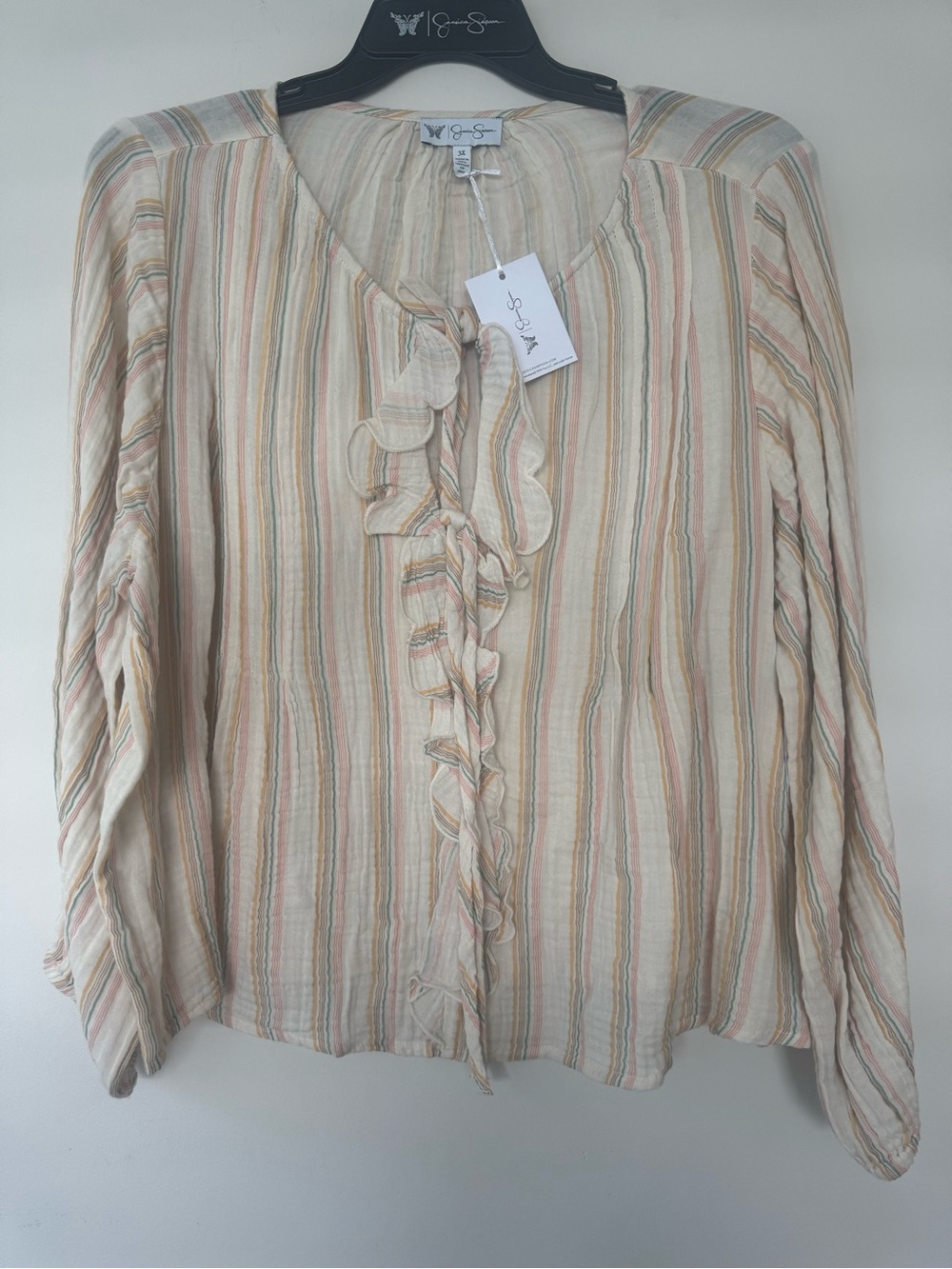 NWT Jessica Simpson Striped CottageCore Ruffle Tie Front 100% Cotton Sz 3X